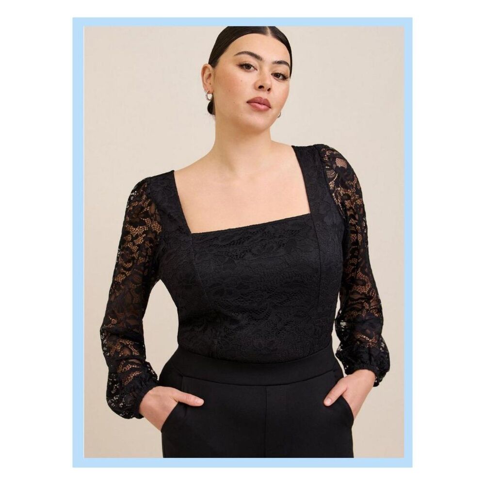 NWT Torrid 5X Deep Black Lace Knit Square Neck Sheer Long Sleeve Top Size 28